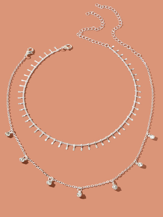 2 pcs Rhinestone Charm Layering Chain Necklace Personalized Women Choker-1