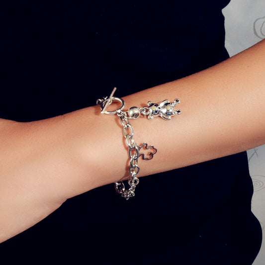 Designer Silver Bear Charm Dainty Cuban Chunky Link Paperclip Chain Bracelets-1