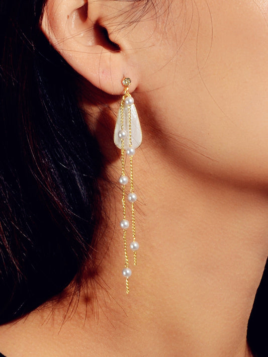 Retro Design Asymmetric Long Gold Chain Pearl Enamel Geometric Dangle Earrings-1