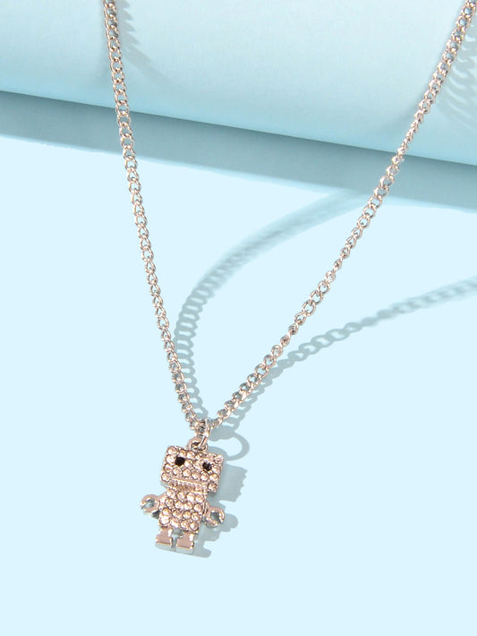 Personality Creative Silver Chain Rhinestone Decoration Robot Pendant Necklace-0