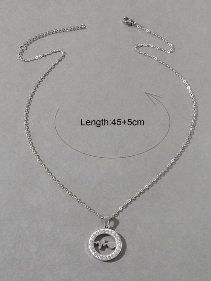 Silver Stainless Steel Rhinestone Decoration Circle Electrocardiogram Necklace-1