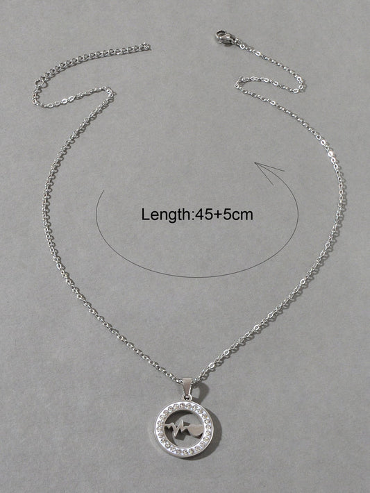 Silver Stainless Steel Rhinestone Decoration Circle Electrocardiogram Necklace-1