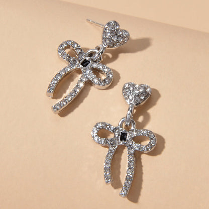 Luxury Full Rhinestone Silver Heart Bowknot Dangle Earrings Engagement Jewellery-1