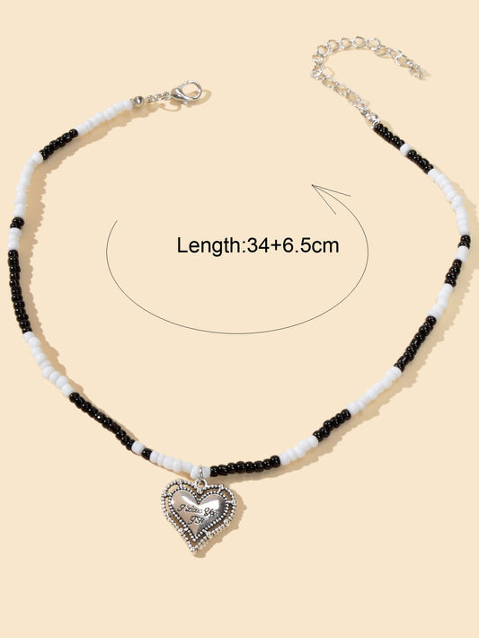 Handmade White Black Beads Chain Silver Letter Pattern Heart Charm Necklace Gift-1