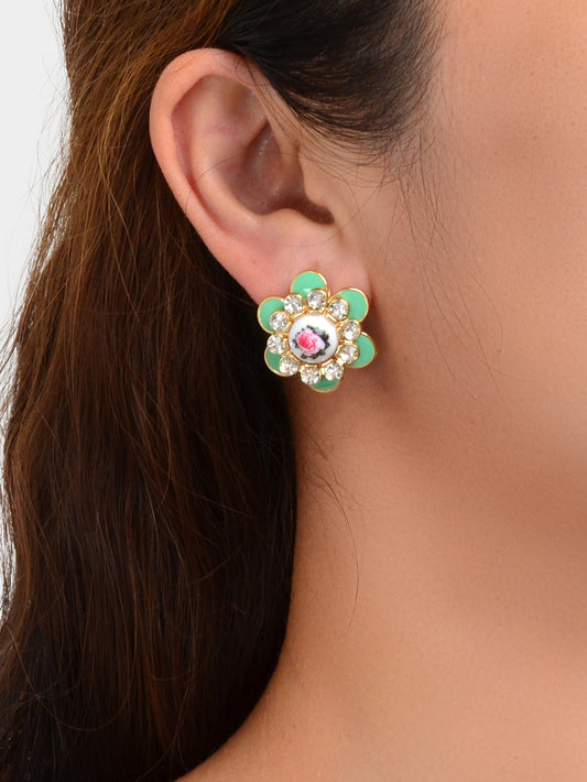Bohemian Ethnic Rhinestone Decoration Green Enamel Flower Stud Festival Earrings-1