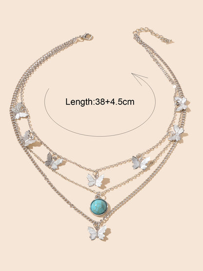 Ethnic Silver Multi-layer Chain Butterfly Turquoise Collar Bohemian Necklace-1