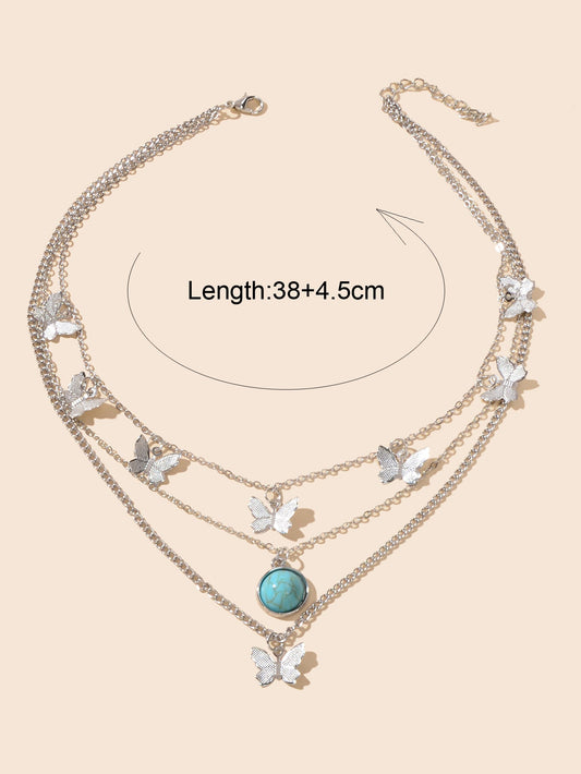 Ethnic Silver Multi-layer Chain Butterfly Turquoise Collar Bohemian Necklace-1