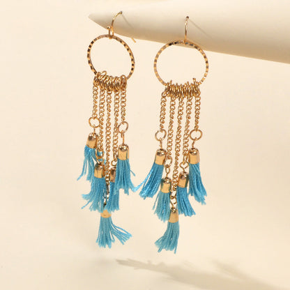 American Jewellery Ethnic Blue Tassel Long Gold Chain Dangle Bohemian Earrings-1