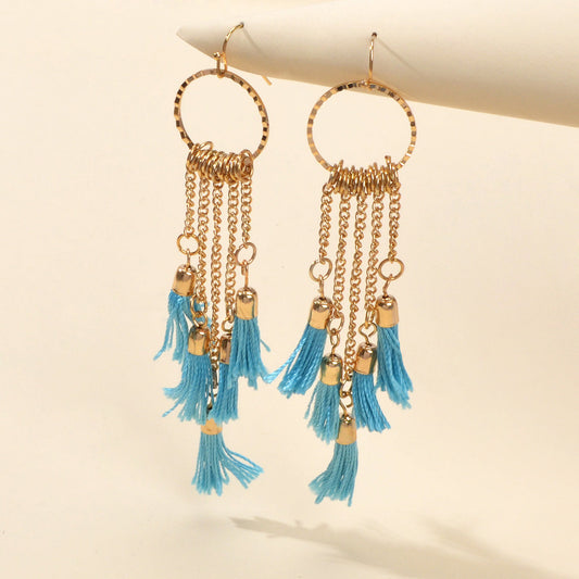 American Jewellery Ethnic Blue Tassel Long Gold Chain Dangle Bohemian Earrings-1