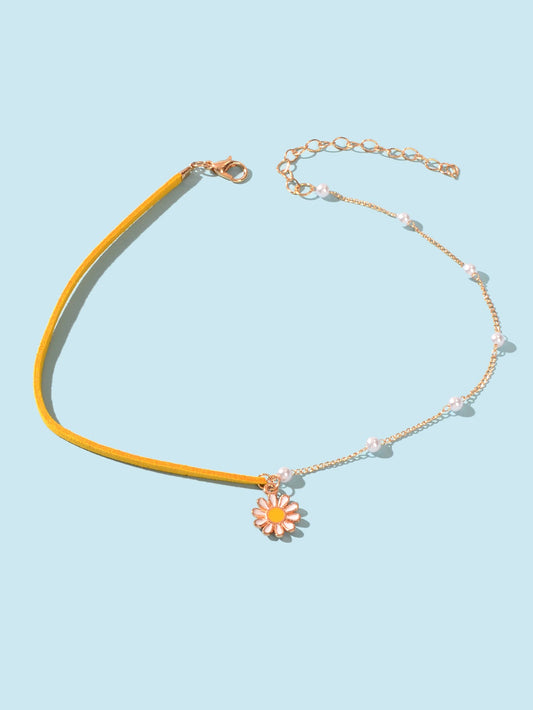Boho Yellow Pearl Decoration Multiple Chain Exquisite Flower Pendant Necklace-1