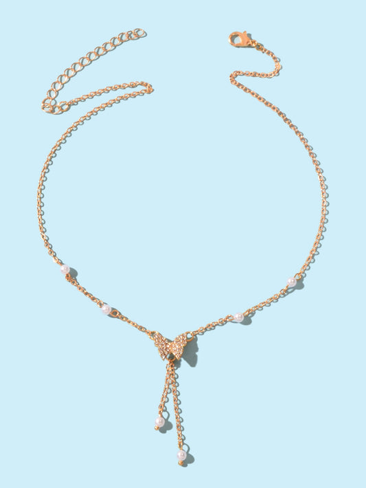 Personalized Gold Plated Dainty Buttefly Lariat Y-Shaped Necklace Pearl Jewelry-1