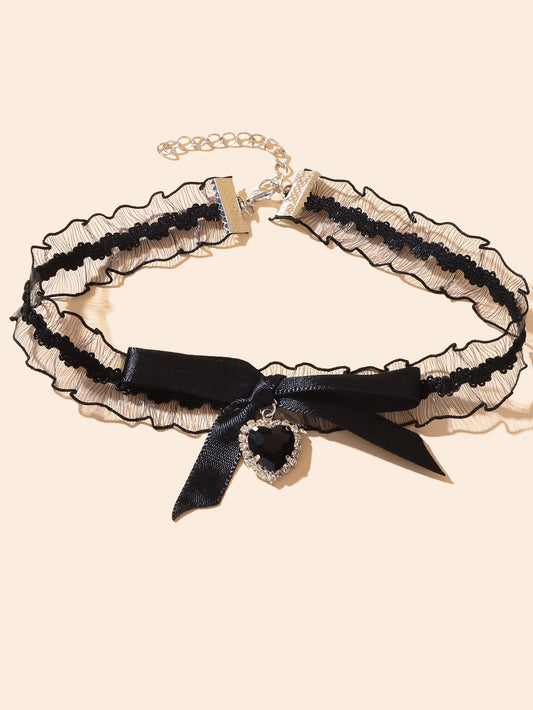 Retro Black Bow Heart Charm Elastic Lace Choker Collar Necklace Dinner Jewellery-1