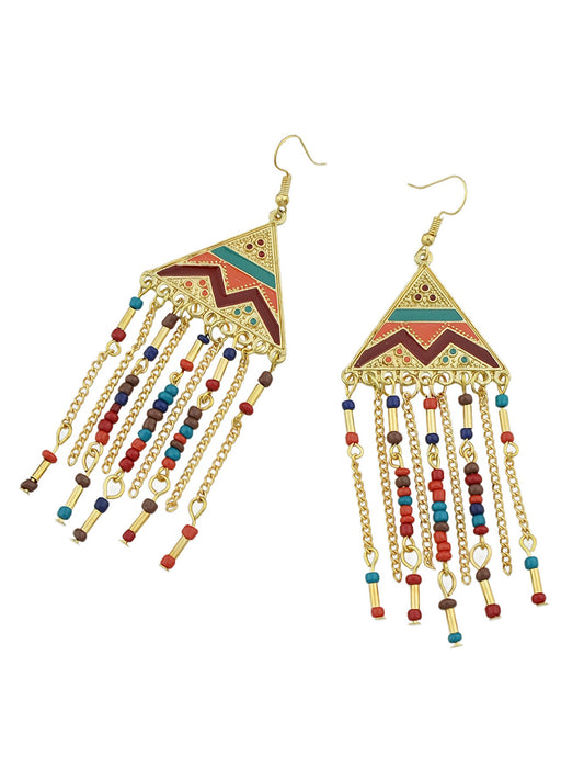 Triangle Colourful Enamel Beads Long Chain Tassel Ethnic Jewellery Boho Earrings-1