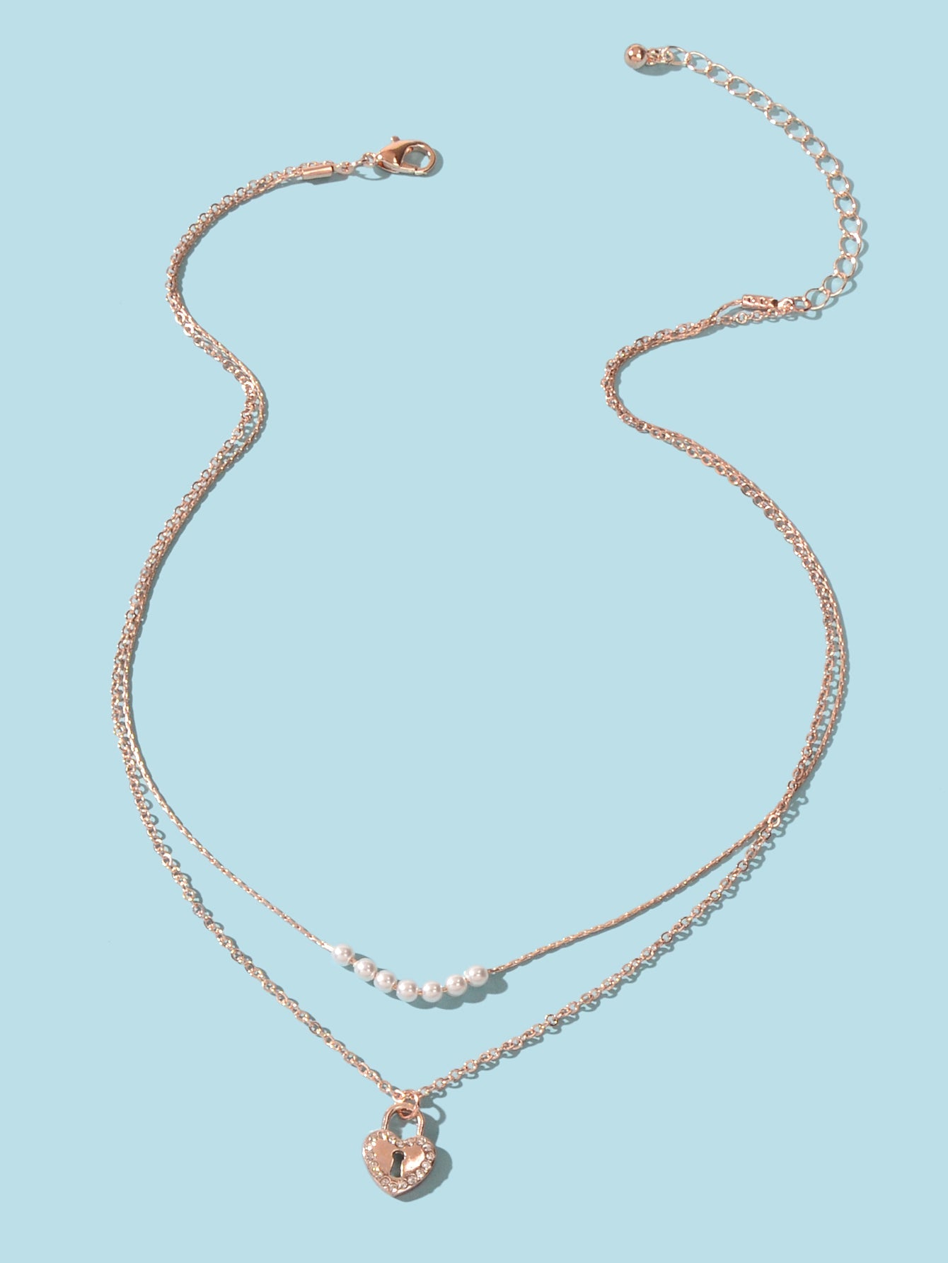 Double Layer Rose Gold Chain String Pearl Heart Lock Pendant Necklace Girlfriend-1