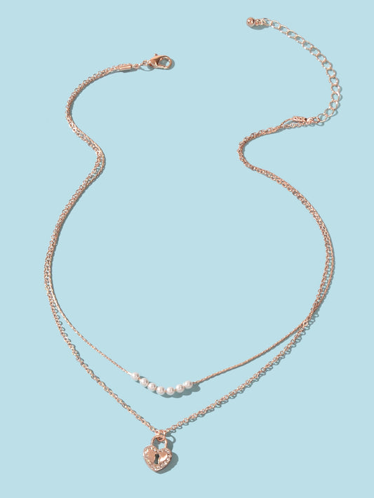 Double Layer Rose Gold Chain String Pearl Heart Lock Pendant Necklace Girlfriend-1