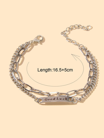 Punk Hip Hop Jewellery Double layer Silver Chain Good Luck Letter Charm Bracelet-1