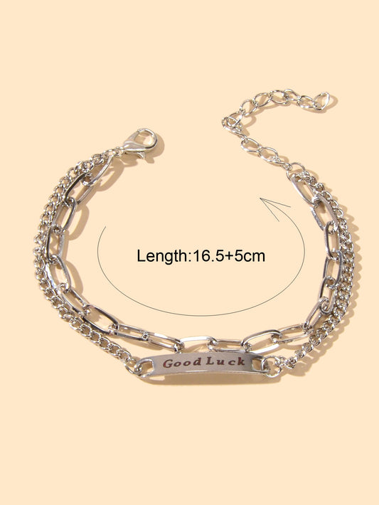 Punk Hip Hop Jewellery Double layer Silver Chain Good Luck Letter Charm Bracelet-1