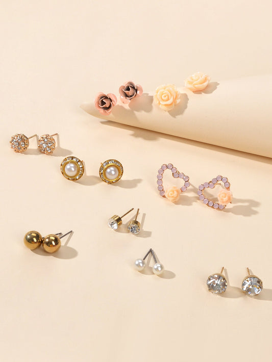 9 pairs Elegant Pearl Rhinestone Round Flower Mini Stud Piercing Earrings set-1