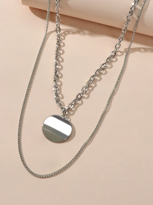 Statement Jewelry Double layer Silver Long Chain Geometric Round Charm Necklace-1