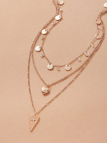 Stylish Triple-Layered Round Disc Heart Pendant Necklace Girls Unique Jewellery-2