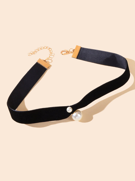 Retro Pearl Decor Black Velvet Short Tattoo Choker Collar Women Dinner Necklace-1