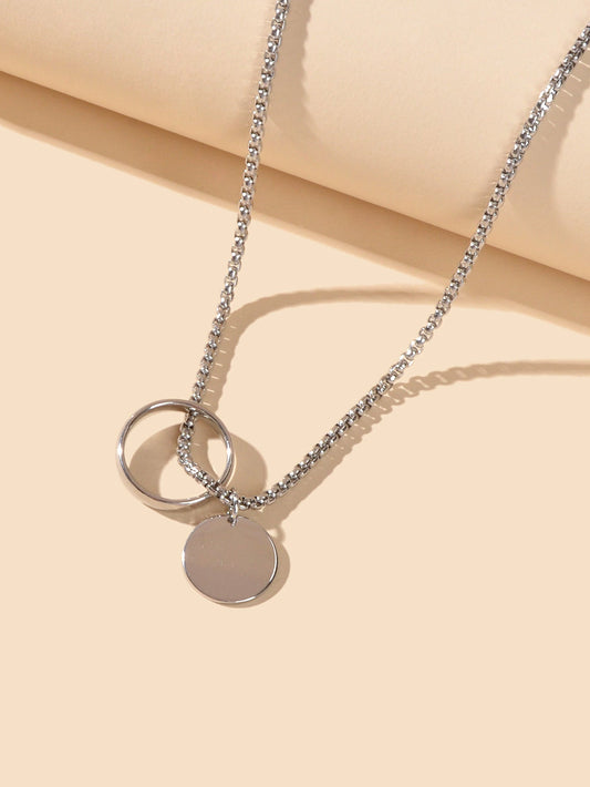 Female Jewellery Minimalist Silver Chain Collar Circle Disc Charm Rock Necklace-1
