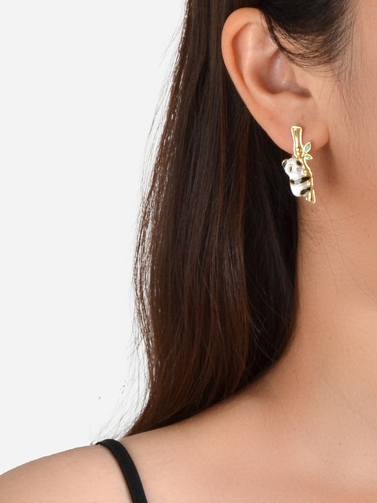 Lovely Gold Bamboo White Black Enamel Panda Stud Earrings Dainty Women Girl Gift-1
