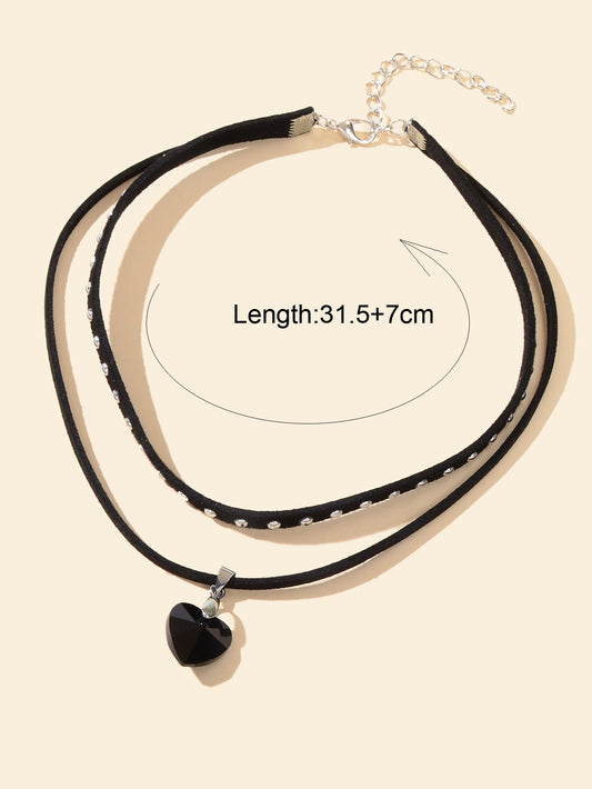 Halloween Cosplay Jewellery 90s Gothic Layered Black Choker Heart Charm Necklace-1