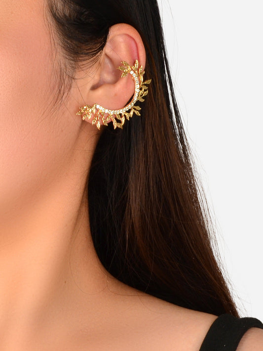 1 pc Rhinestone Decor Leaf Design Wrap Around Clip Earrings Cartilage Ear Cuff-0