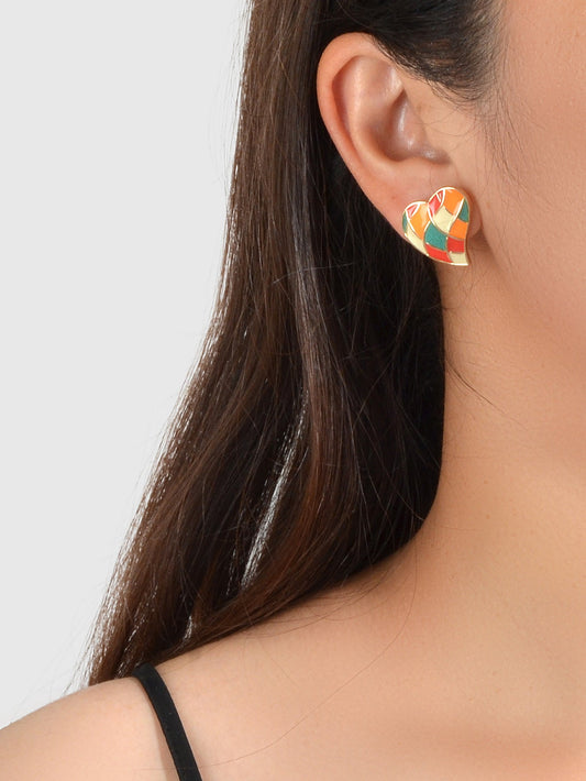 Candy Color Enamel Checkerboard Love Heart Stud Earrings Retro Trendy Accessory-1