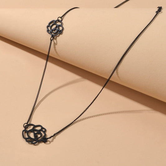 Retro Black Gold Chain Flower Collar Necklace Women Short Choker Accessories-1