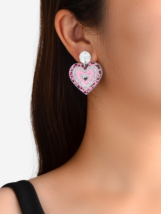 Acrylic Pink Leopard Heart Hanging Resin Chunky Earrings for Party or Vacation-1
