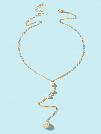 Dinner Jewellery Gold Chain Y Style Pearl Decor Long Pendant Lariat Necklace-1