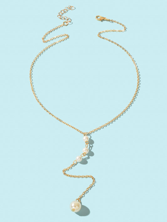 Dinner Jewellery Gold Chain Y Style Pearl Decor Long Pendant Lariat Necklace-1