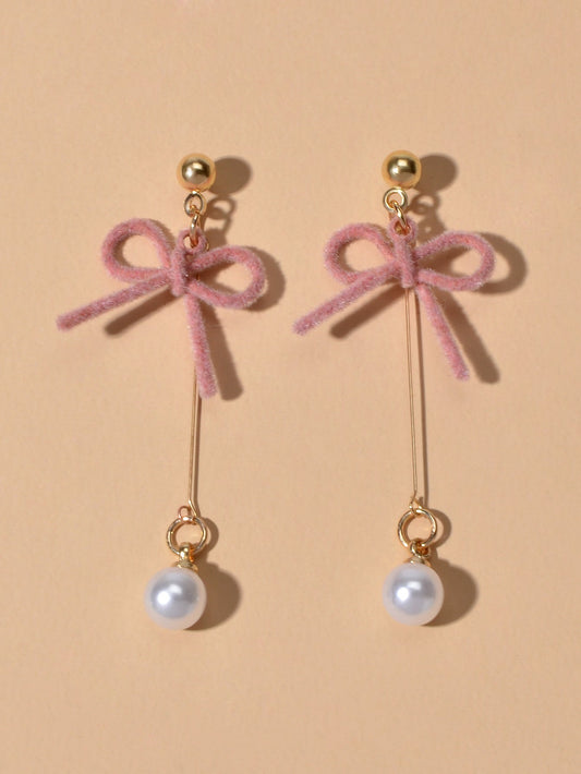 Charming Long Gold Chain Pearl Bowknot Dangle Lightweight Gift Holiday Earrings-1