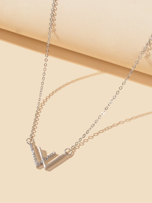 Minimalist Jewelry Rhinestone Decor Silver Chain V Shpe Geometric Charm Necklace-1