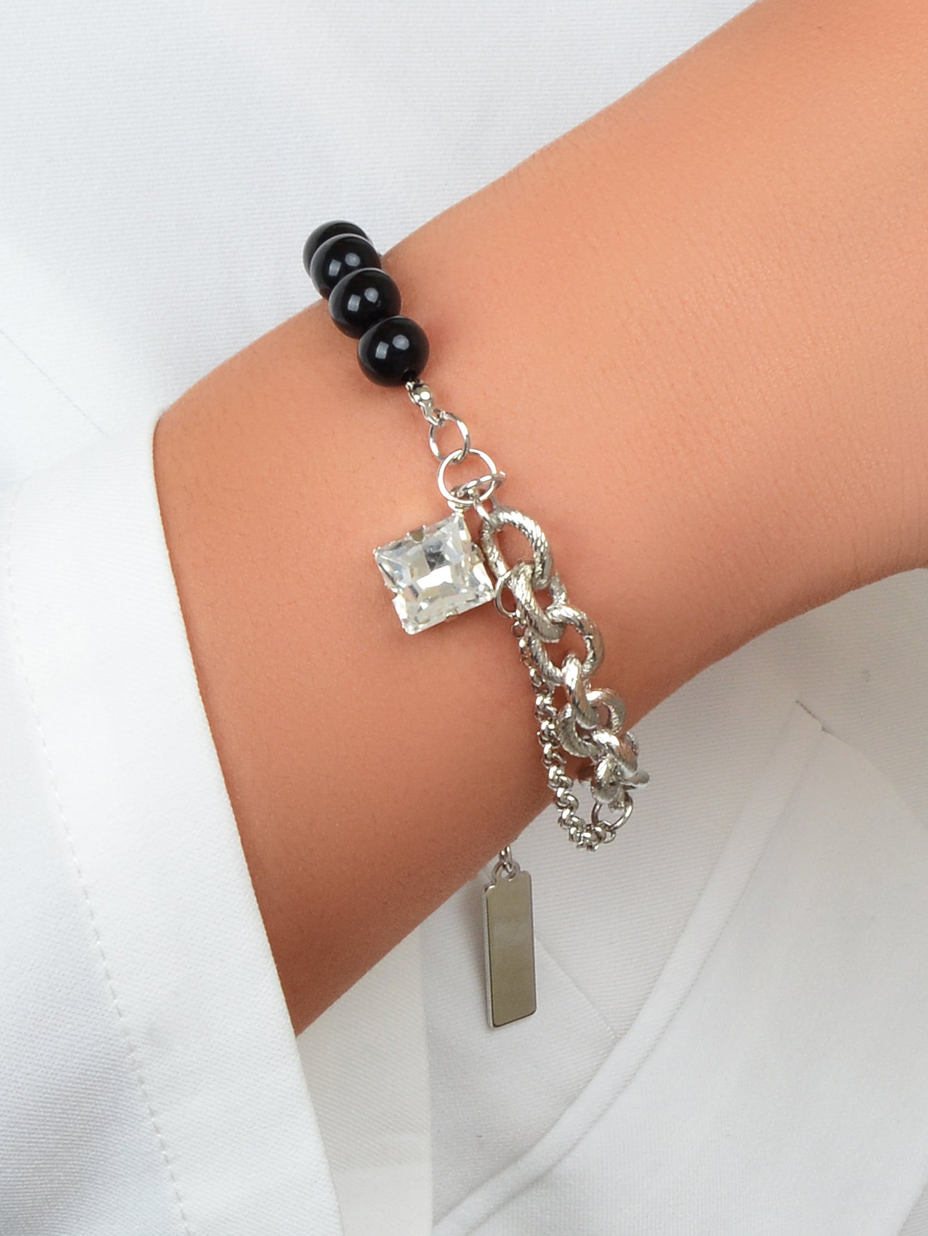 Designer Stylish Multiple Black Beads Silver Chain Square Acrylic Charm Bracelet-0