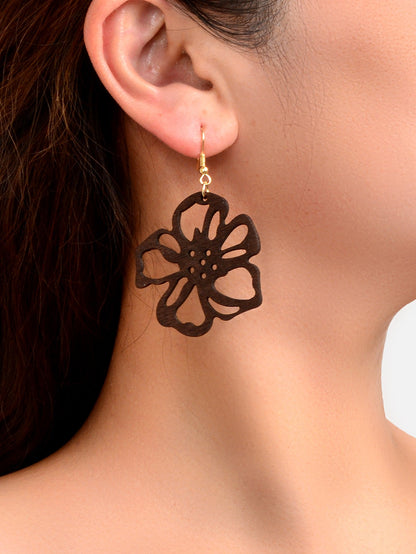 Ethnic Brown African Natural Wooden Hollow Flower Dangle Bohemian Charm Earrings-1