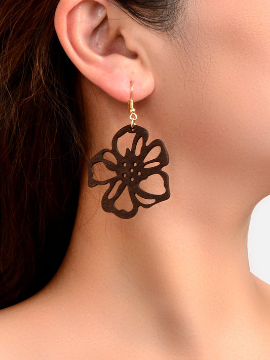 Ethnic Brown African Natural Wooden Hollow Flower Dangle Bohemian Charm Earrings-1