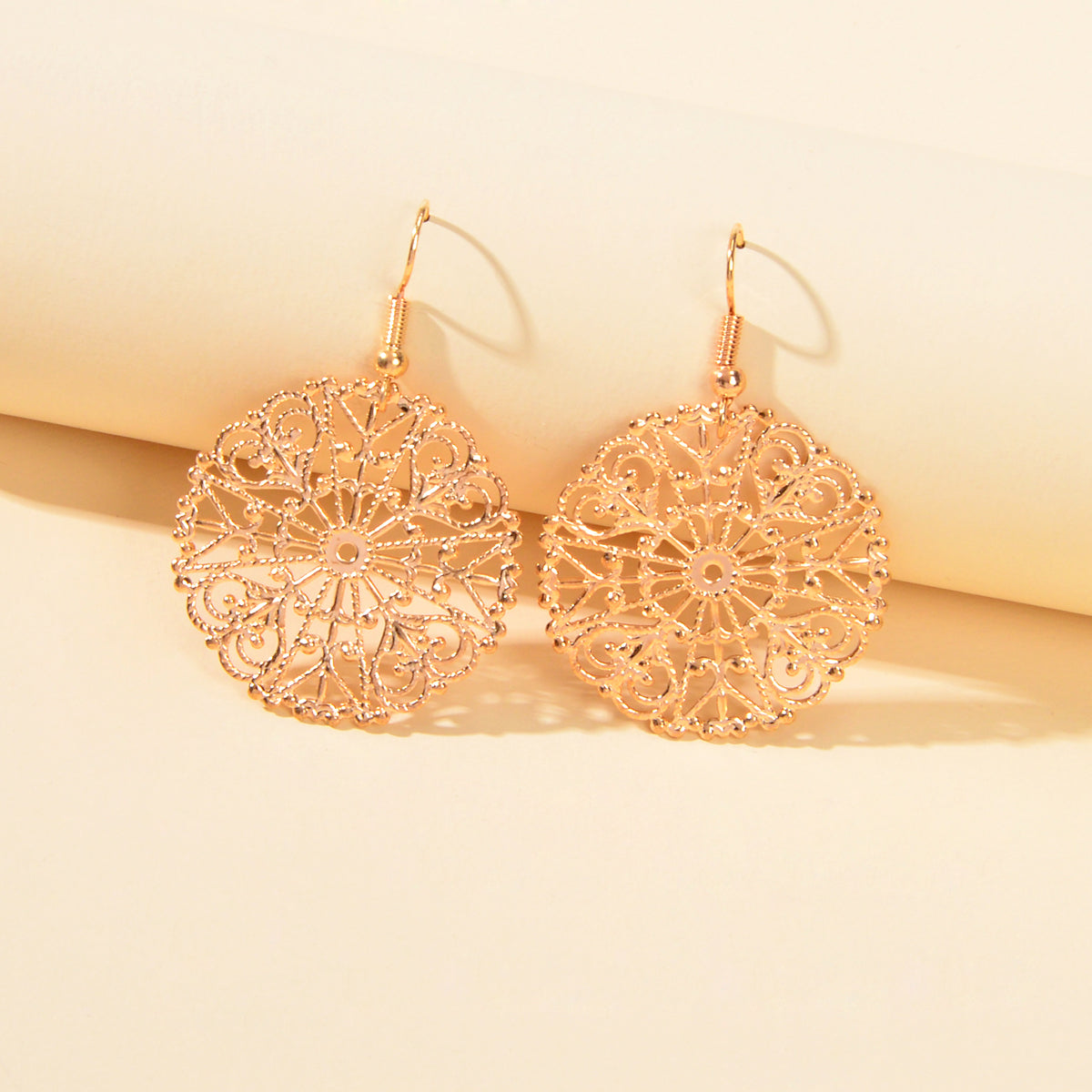 Ladies Jewellery Hollow Gold Silver Flower Pattern Round Trendy Dangle Earrings-4