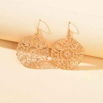 Ladies Jewellery Hollow Gold Silver Flower Pattern Round Trendy Dangle Earrings-4