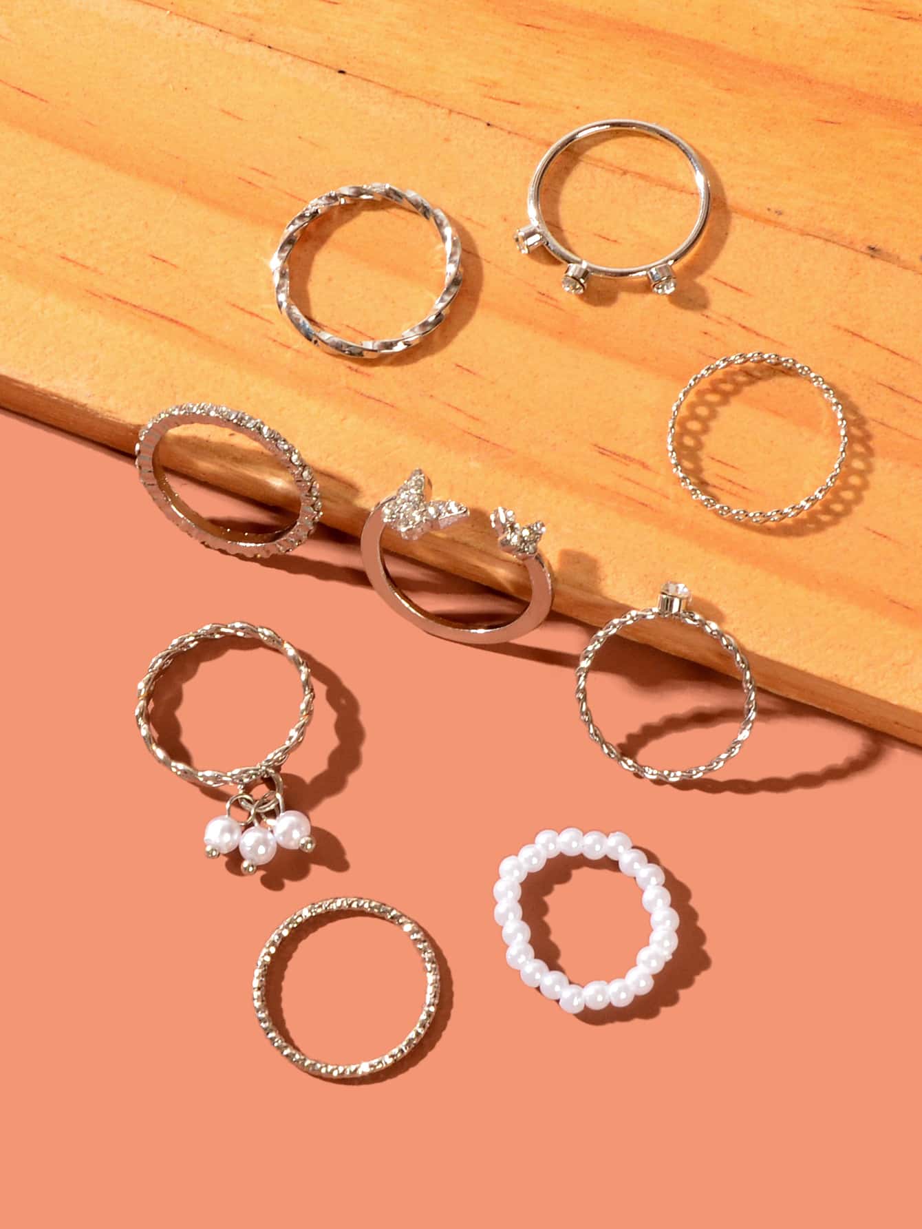 Set of Ten Silver Butterfly and Pearl Shaped Rings Elegant Statement Collection-2