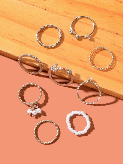 Set of Ten Silver Butterfly and Pearl Shaped Rings Elegant Statement Collection-2