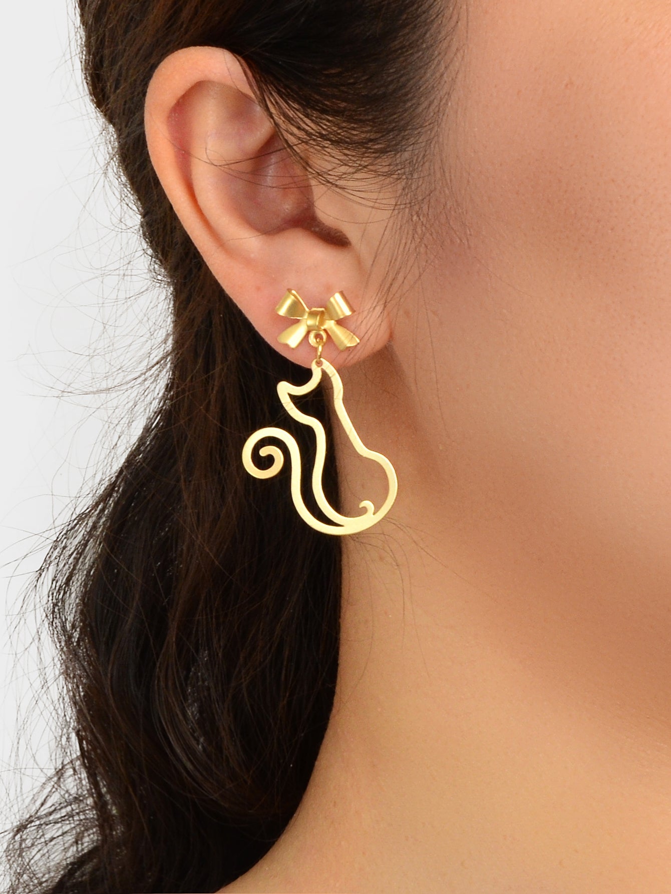 Kawaii Aesthetic Hollow Bow Tie Cat Dangle Earrings Animals Design Accessories-4