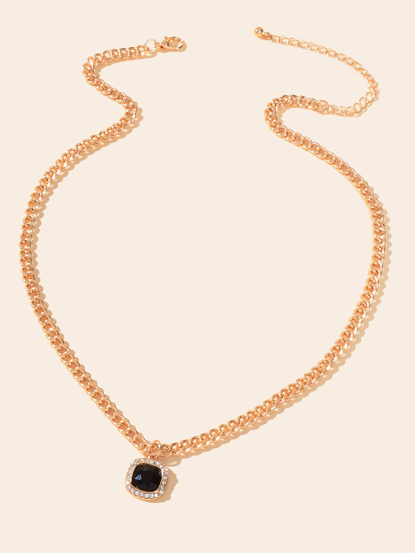 Exquisite Gold Chain Rhinestone Decor Black Square Pendant Women Dinner Necklace-1