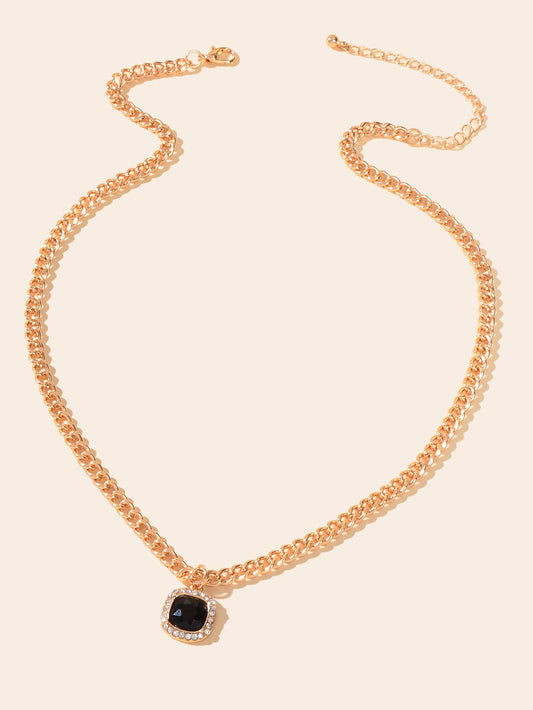 Exquisite Gold Chain Rhinestone Decor Black Square Pendant Women Dinner Necklace-1