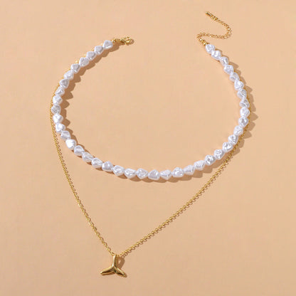 Textured Accessories Double layer Chain Pearl Choker Fish Tail Pendant Necklace-1