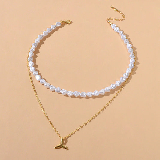Textured Accessories Double layer Chain Pearl Choker Fish Tail Pendant Necklace-1