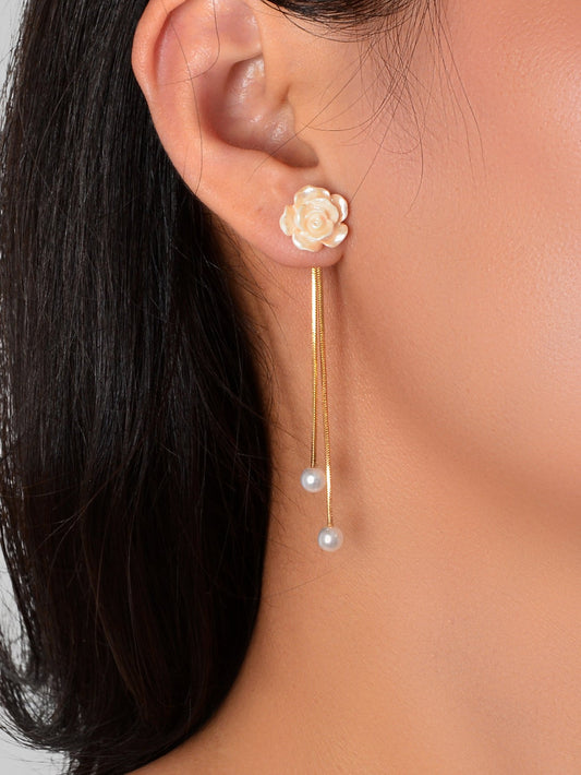Romantic Resin Flower Pearl Charm Long Gold Chain Pendant Earrings Women Date-1