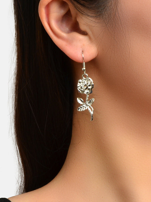 Party Decoration Women Silver Plated Flower Rose Carved Dangle Pendant Earrings-1